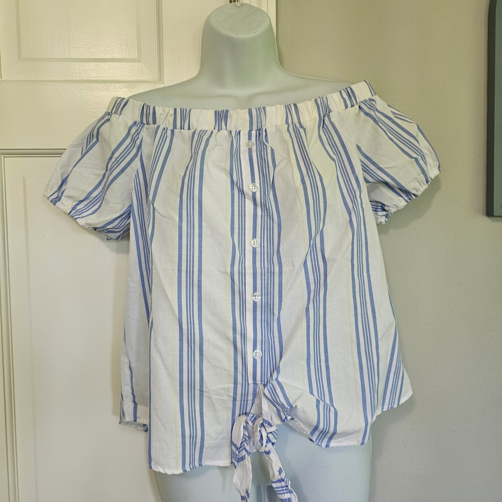 White and Blue Tie Front Relaxed Blouse